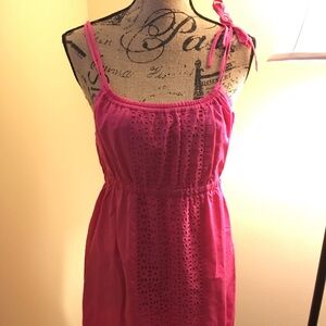 J. Crew Bright Pink Eyelet Tie-Shoulder Mini Dress